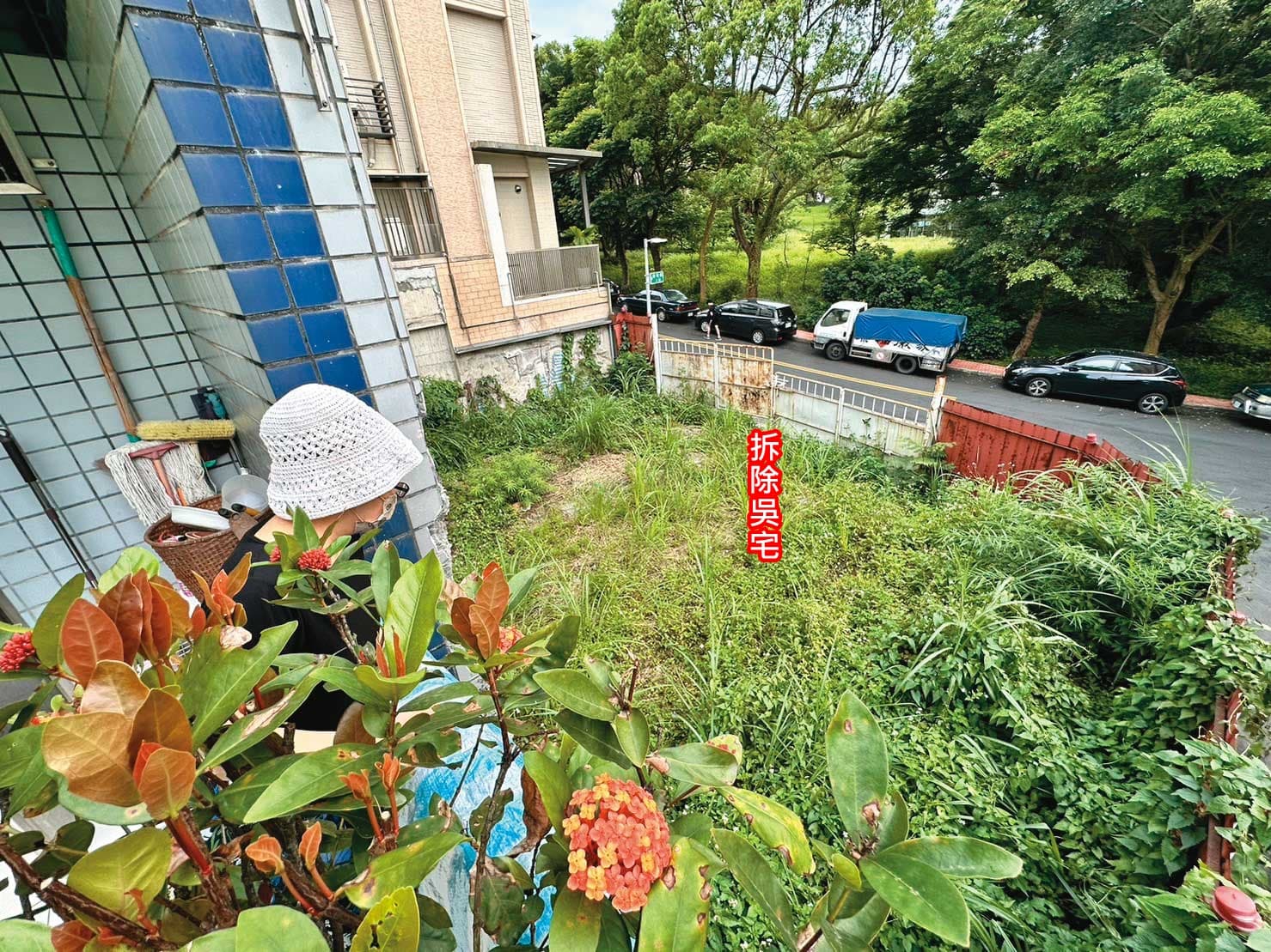 新北市府2018年間核准新店台北小城吳姓屋主原地改建,拆屋後停工至今,空地已長滿雜草,而左側胡家屋損至今未解決。