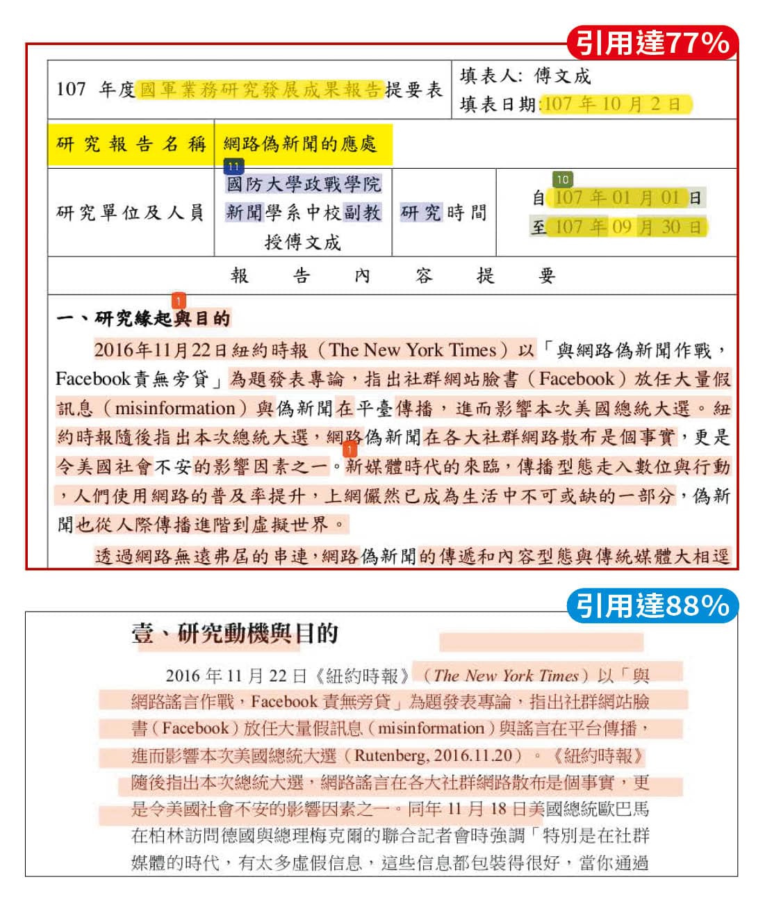 傅文成「網路偽新聞的應處」(上)與「以大數據觀點探索網路謠言的網路模因傳播模式」(下)二份研究報告的前言、動機、結論、摘要,高度雷同,且引用他人論文的比例很高。(吹哨者提供)