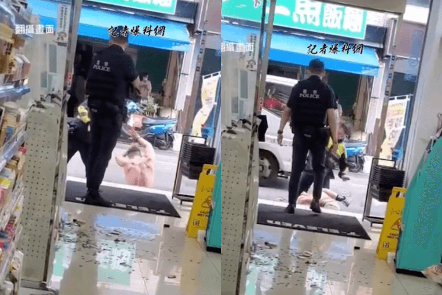 員警持警棍痛毆已經無反抗能力的朱男畫面曝光後，引發網友質疑。（翻攝自記者爆料網）