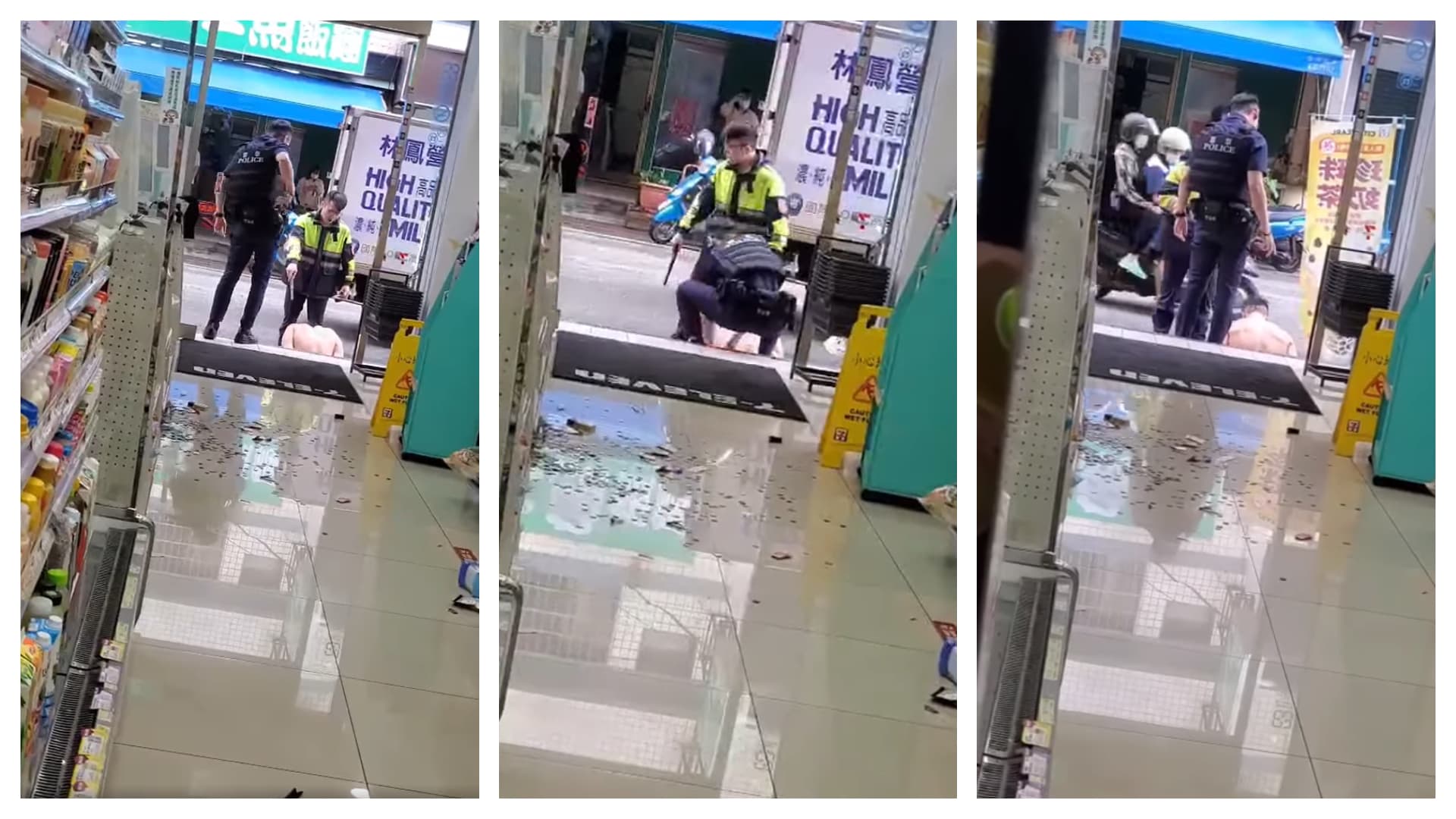 從曝光的影片可見,警方確定朱男抱頭哀號、完全無反擊後,才將他上銬。(翻攝自臉書@呂秋遠)