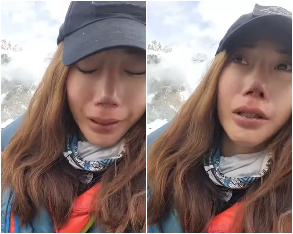 曾格爾拍影片,聲淚俱下宣告無氧攀登聖母峰失敗。(翻攝曾格爾臉書)