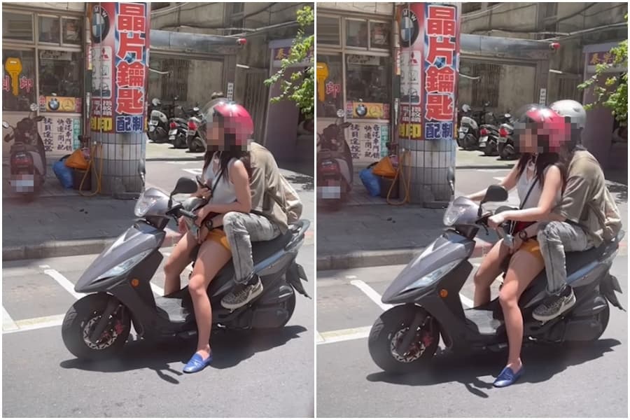 男伴從後方伸手調情,女騎士還一度瞇著雙眼,臉部稍微仰天,露出謎樣表情。(翻攝自交通違規檢舉教學(公開版)臉書)