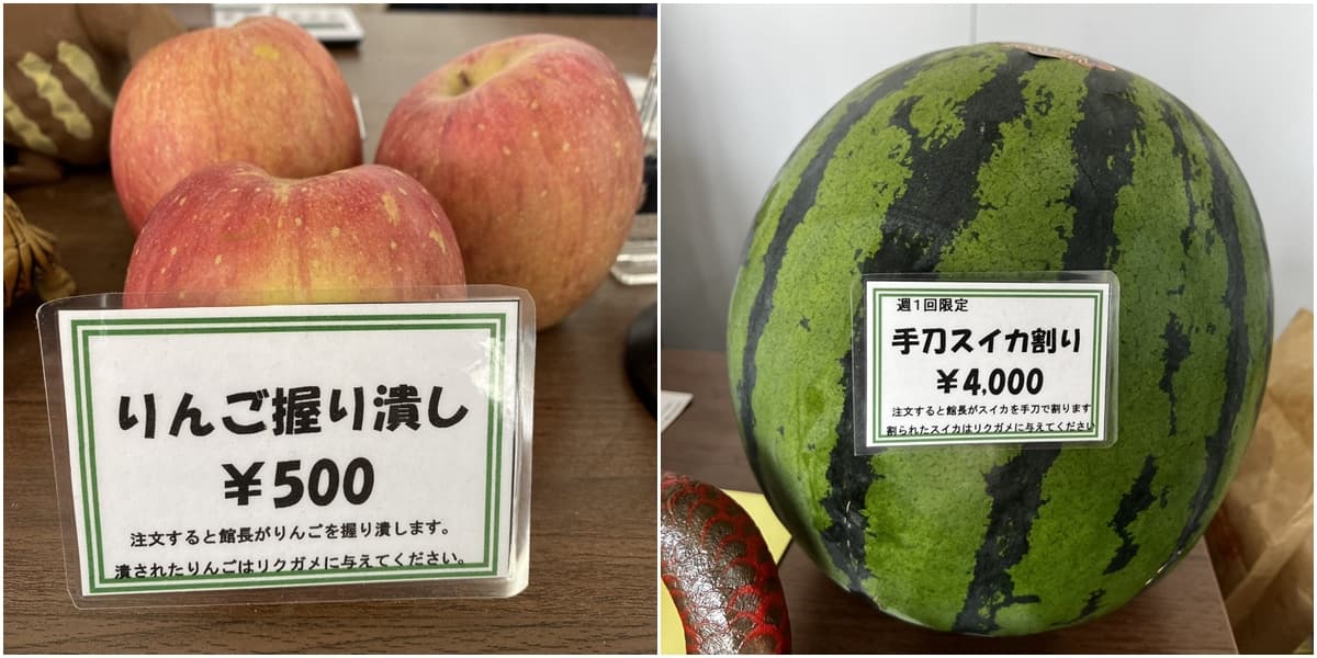 猛男館長的餵食服務,目前有蘋果以及西瓜兩種選擇。(翻攝深谷爬虫類館 推特)