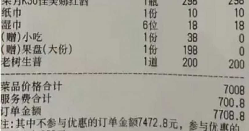 陳女公布收費明細,抱怨餐廳沒特別服務卻收高額服務費,引起網友兩面評價。(翻攝微博)