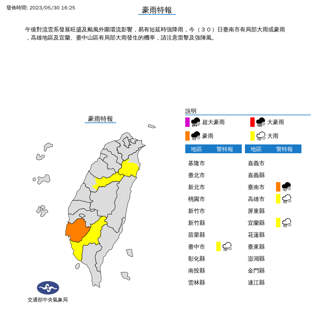 受颱風外圍環流、午後對流雲系發展旺盛影響,氣象局以針對4縣市發布豪、大雨特報。(中央氣象局提供)