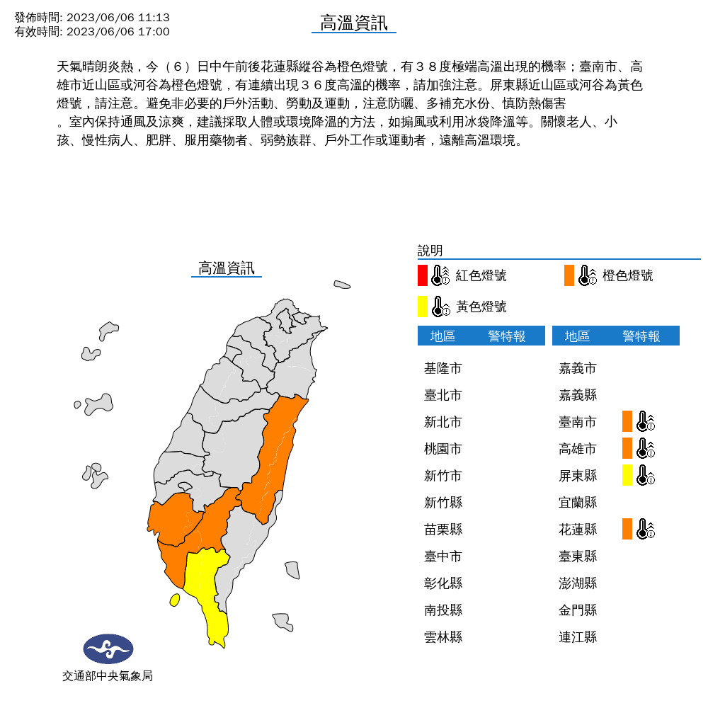 氣象局持續針對4縣市發布高溫警示。(中央氣象局提供)