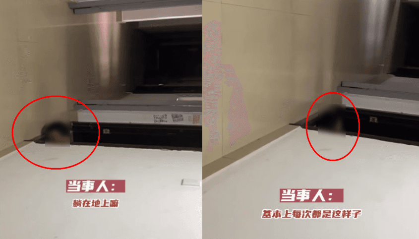 一名中年大叔裸身躺在地上,從家門口只露出一顆頭偷窺鄰居。(翻攝微博)