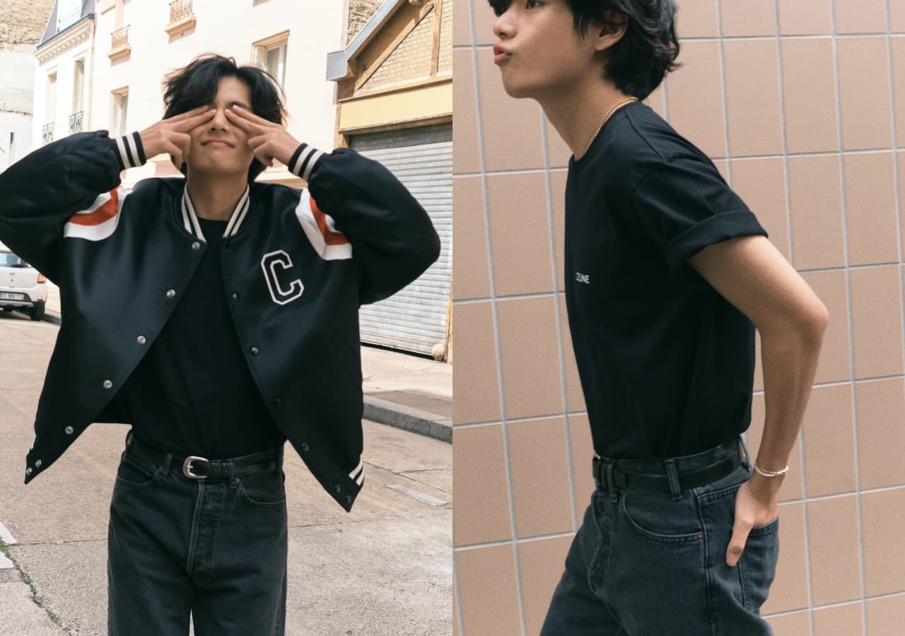 V(金泰亨)以Logo T-Shirt搭配牛仔褲與棒球外套,青春又時尚。(CELINE提供)