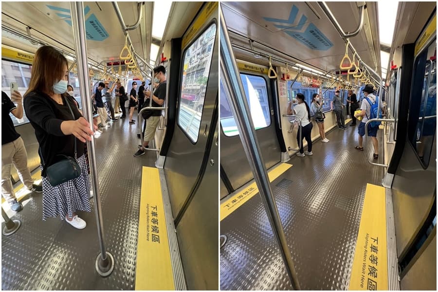 北捷試辦將文湖線馬特拉車型第2、3節車廂的中央區域座椅及行李架全數拆除，，每列車載客數約可增加20人。（北捷提供）