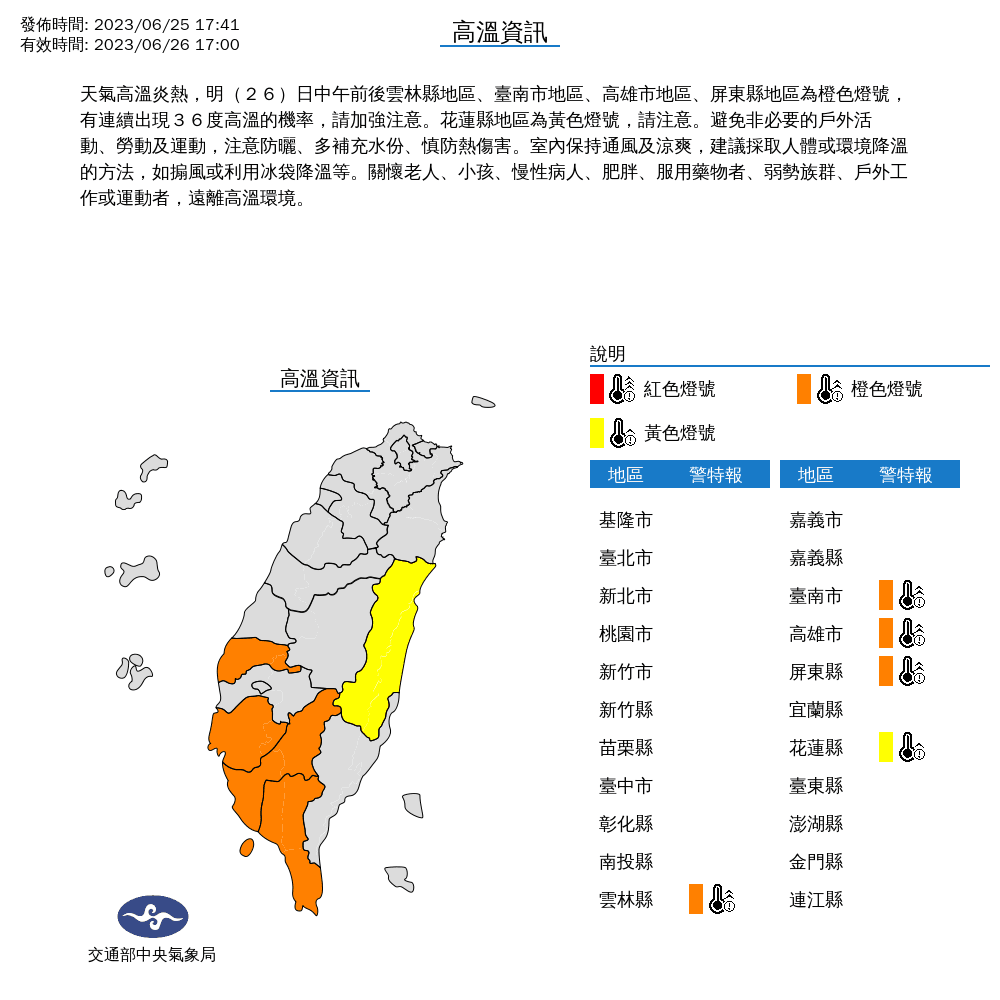5縣市亮起高溫警示燈號,有出現36度高溫的機率。(中央氣象局提供)