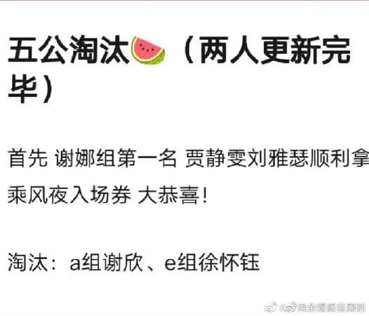 網路上傳出《浪姐4》第五次公演的晉級和淘汰名單。(翻攝自微博)