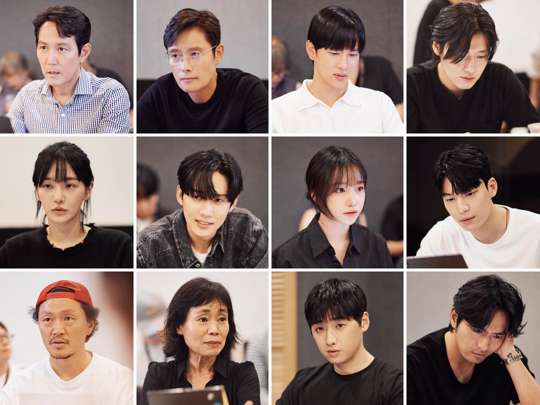 《魷魚遊戲》第二季演員已開始讀劇本。(第一列左起李政宰、李炳憲、任時完、姜河那;第二列左起朴珪瑛、朴成焄、曹柔理、魏嘏雋;第三列左起梁東根、康愛心、李大衛、李陣郁以及導演黃東赫)(Netflix提供)