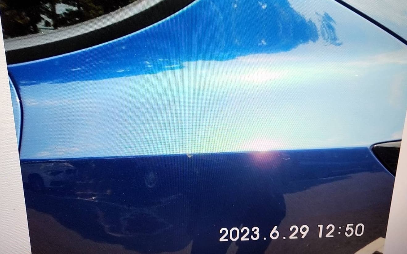 盧姓車主發現車輛左後方有刮傷,開啟哨兵模式揪肇事者。(翻攝畫面)