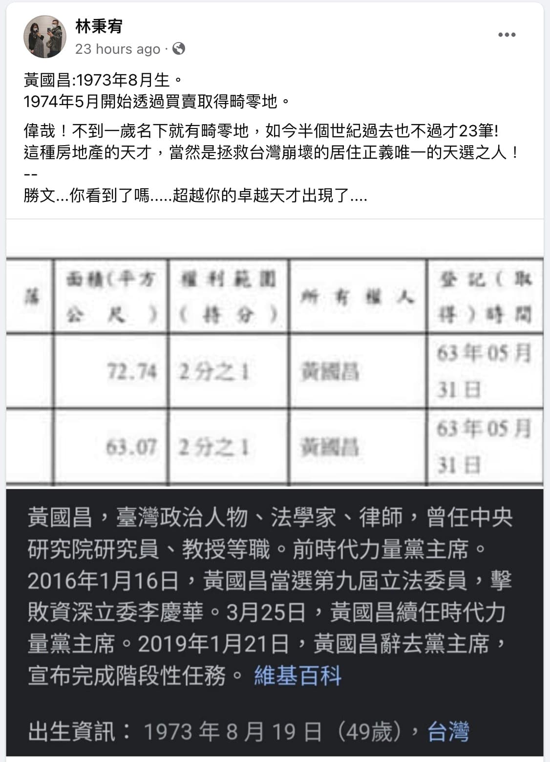 林秉宥在臉書爆料,1973年8月出生的時代力量前立委黃國昌,竟然在1974年5月就開始透過買賣取得畸零地。 (翻攝自林秉宥臉書)