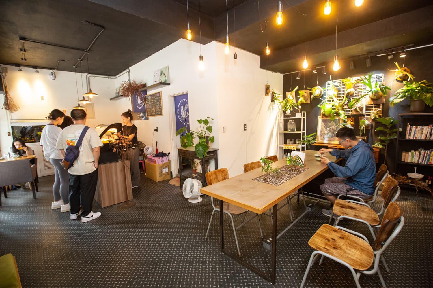 「給冷鴿手作甜點」位在南港展覽館附近,店內裝潢簡單,除了生機盎然的植栽牆與書櫃,沒有過度複雜的裝飾。