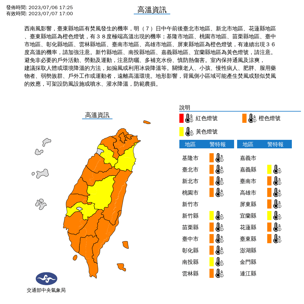 氣象局對17縣市發布高溫特報。(翻攝自氣象局)