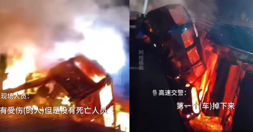 兩輛車剛好行經斷橋,跌落斷橋自燃。(翻攝微博)