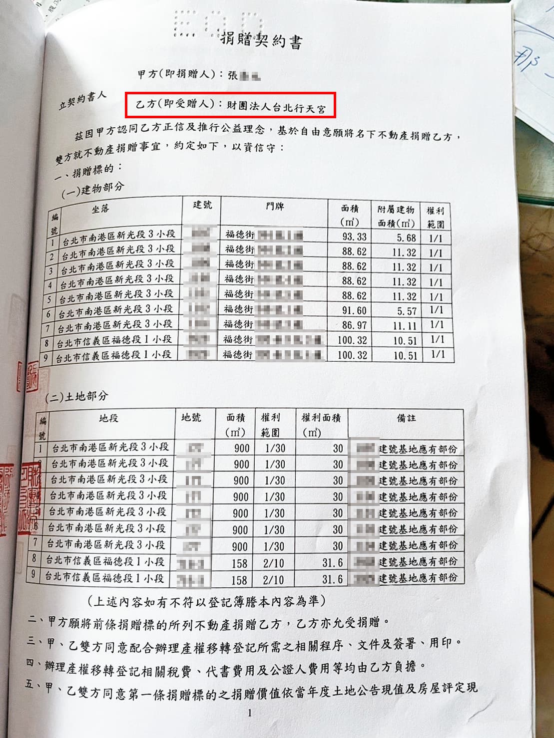 張姓老翁去年底與行天宮簽約,捐贈9戶房產,市價上億元。(讀者提供)