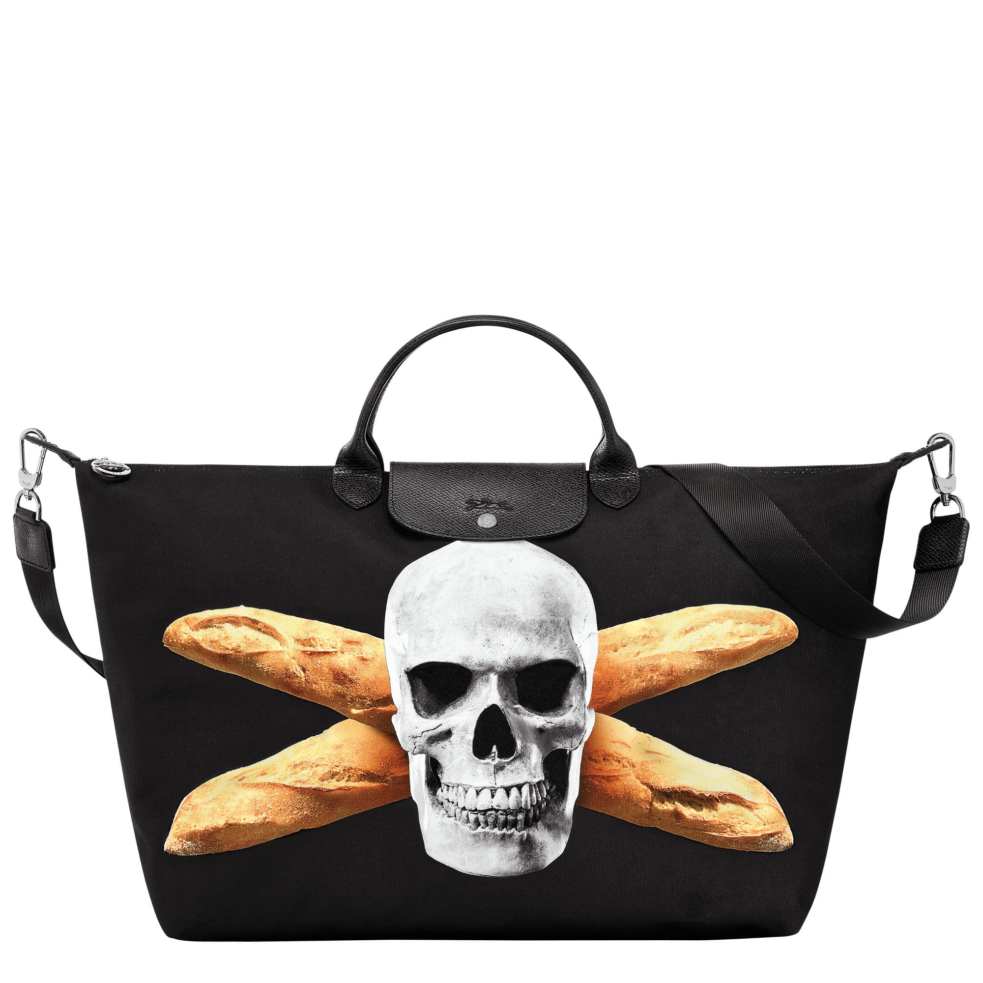LONGCHAMP X TOILETPAPER聯名系列旅行袋 (長棍包圖騰)。NT$16,300（LONGCHAMP提供）