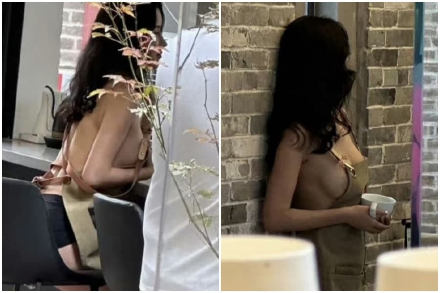 中國某咖啡廳疑遭女子擅自入內性感擺拍,照片引起網友熱烈討論。(翻攝自微博)