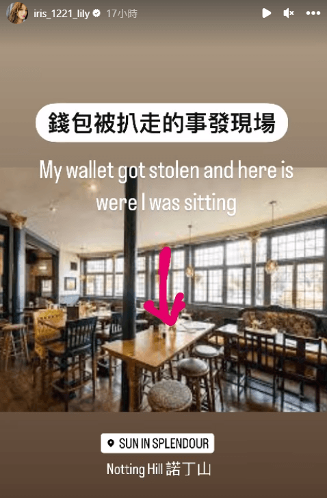 艾莉絲錢包遭竊。(翻攝自IG)