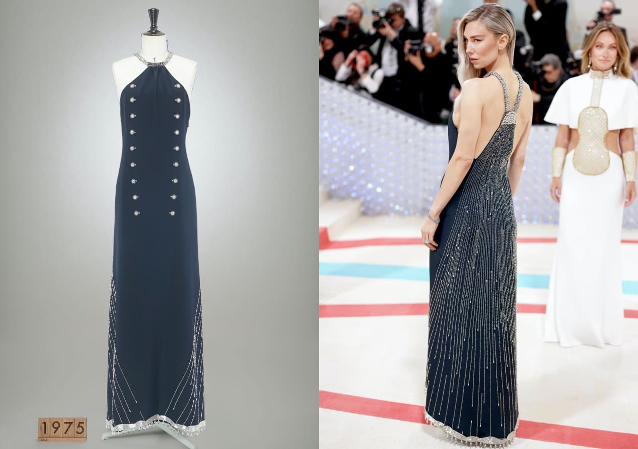 （圖左） Chloé 1983年秋冬系列「Brise」洋裝；（右）英國女演Vanessa Kirby於2023年MET Gala身穿Chloé「Brise」原版禮服。（Chloé提供）