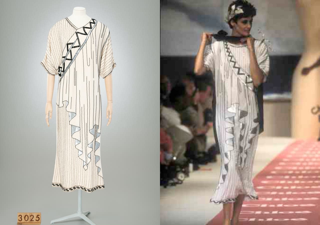 （圖左）Chloé 1984年春夏系列「Cretoise」洋裝；（右）超模Ines de la Fressange穿「Cretoise」洋裝壓軸亮相。（Chloé提供）