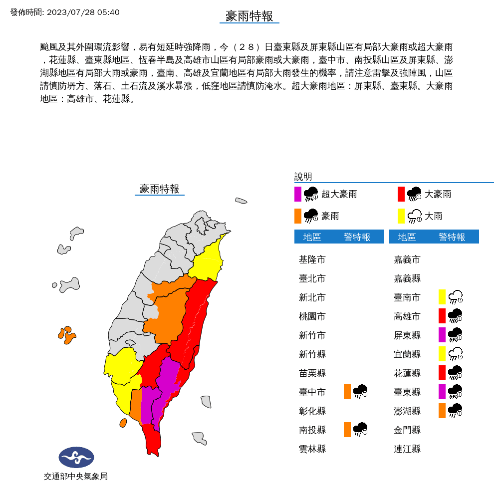 氣象局發布豪雨特報，台東及屏東「紫爆」有超大豪雨。（中央氣象局提供）