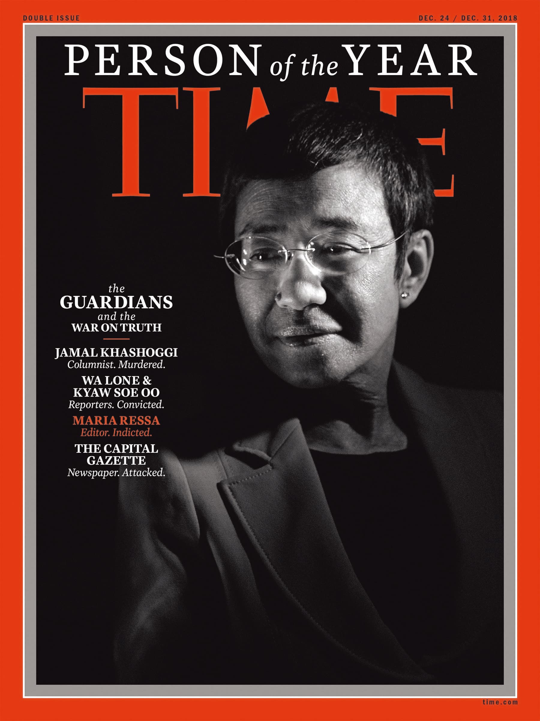 2018年《時代》雜誌將瑞薩選為年度風雲人物之一,稱她是「真相守護者」,同年,杜特蒂政府撤銷《拉普勒》的營業執照。(翻攝《時代》雜誌封面)