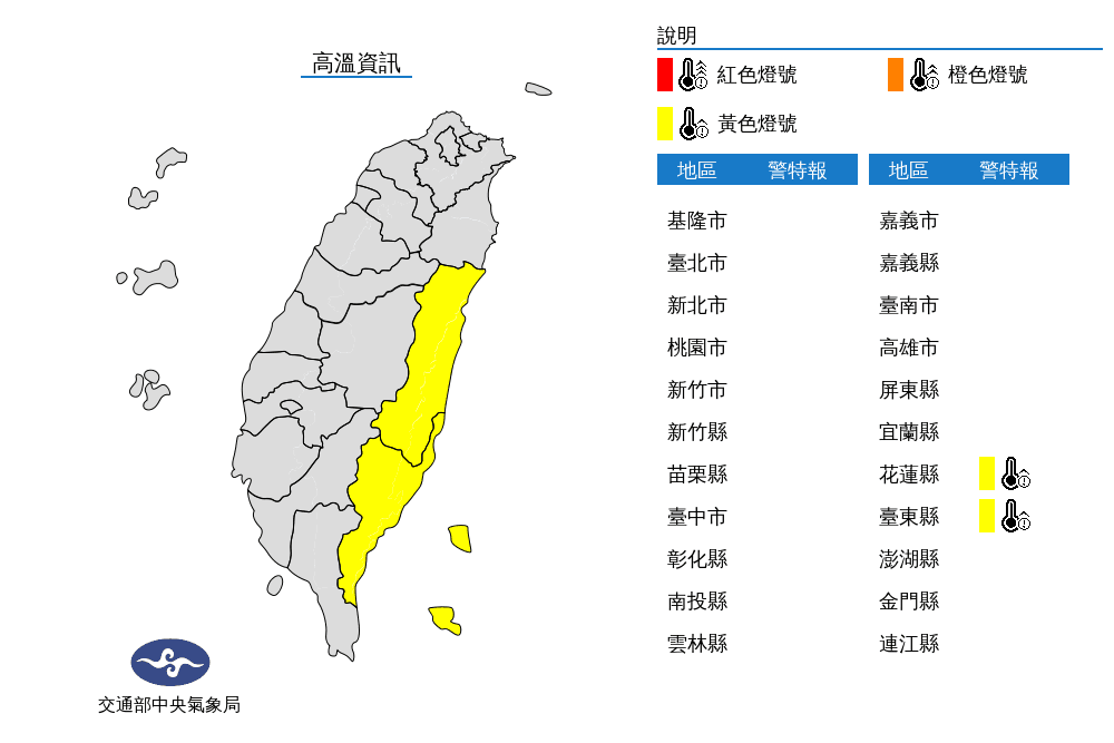 氣象局對花蓮、台東發布高溫警訊。(翻攝氣象局官網)