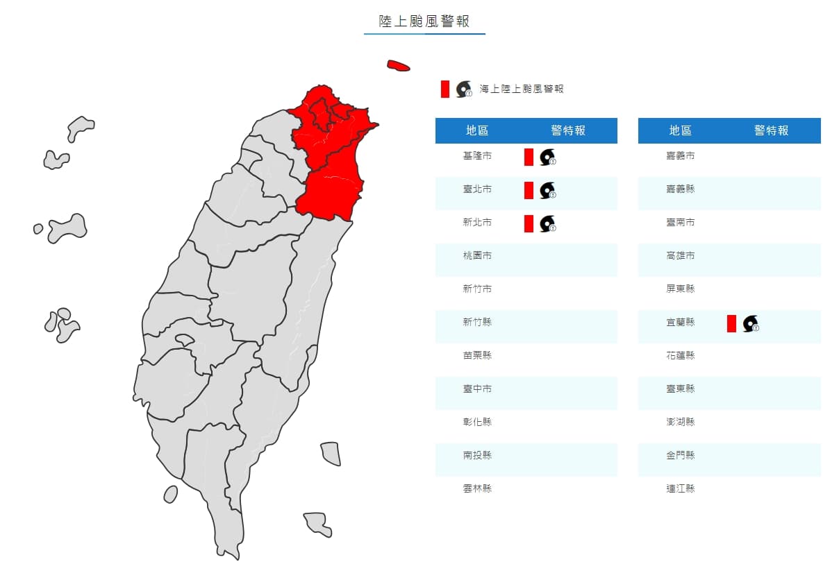 中央氣象局稍早更新陸上颱風警報。(中央氣象局提供)