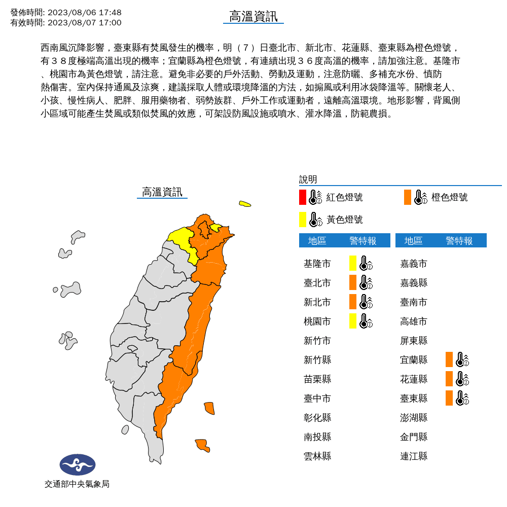 7縣市有高溫警訊。(翻攝自氣象局)