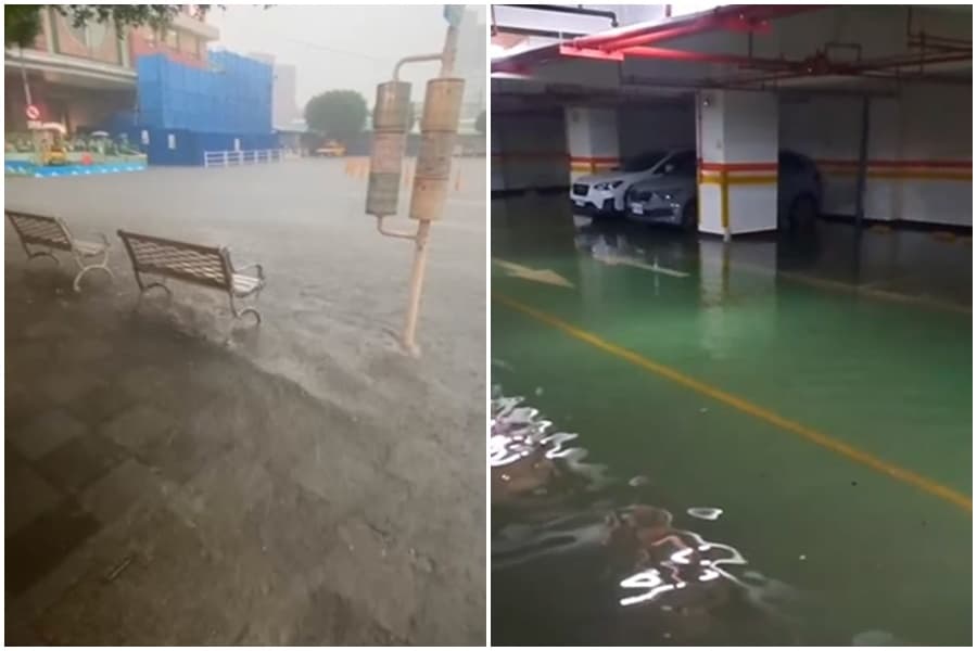 鶯歌火車站前的淹水伴隨強風颳起小浪,北大社區地下停車場淹水。(翻攝自卓冠廷臉書)