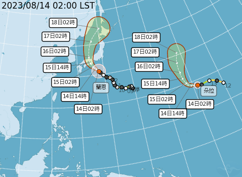 8月14日02時太平洋地區有2個颱風:蘭恩、朵拉。(翻攝自中央氣象局)
