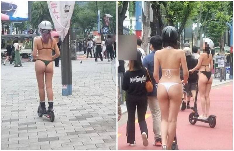 12日首爾弘大商圈出現數名比基尼辣妹騎著滑板車,其中包含Hanuru。(翻攝自韓網fmkorea)