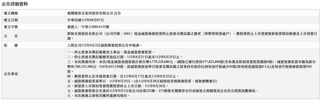 根據證交所7日所發布的公告,群創因辦理「現金減資換發股票」,自今至25日暫停交易。(翻攝自證交所)