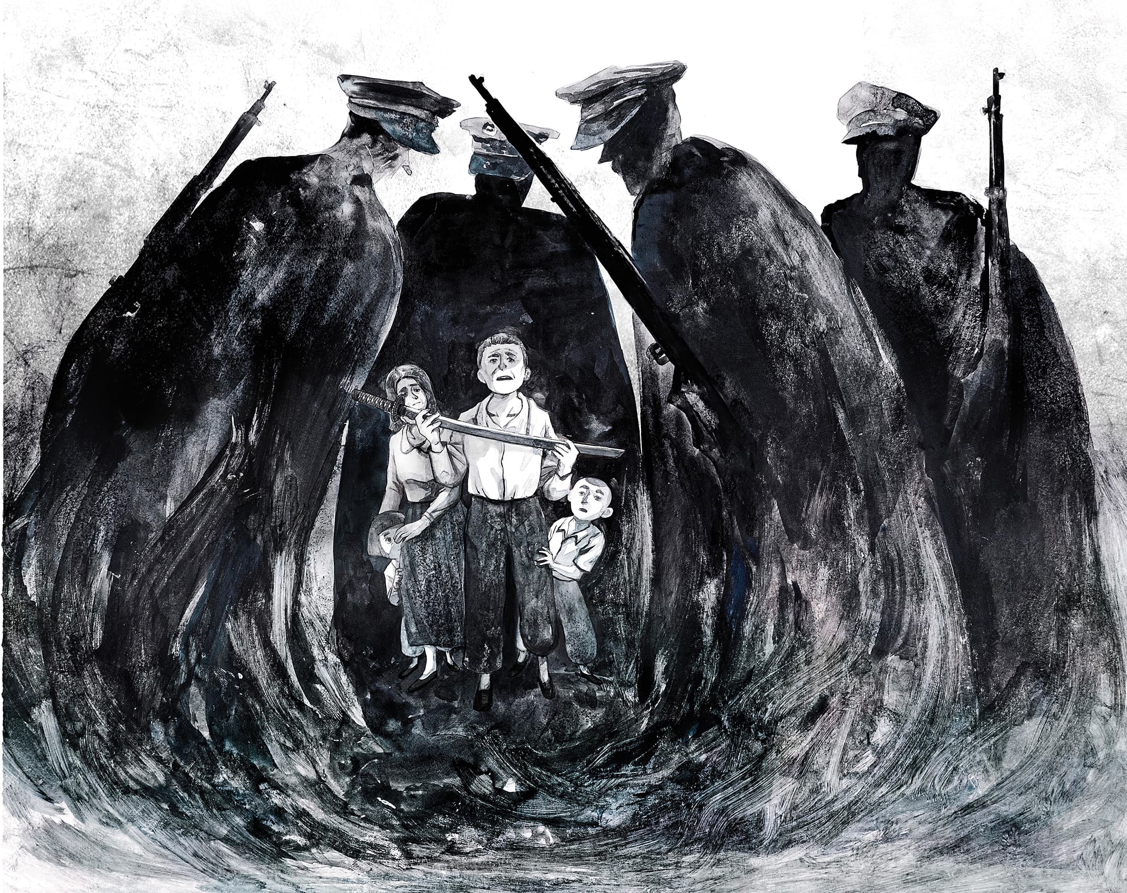 楊牧成長於充滿禁忌的年代,圖為漫畫描述戒嚴時期國民黨軍人到家中拿走日本人的武士刀情節。(目宿媒體提供)