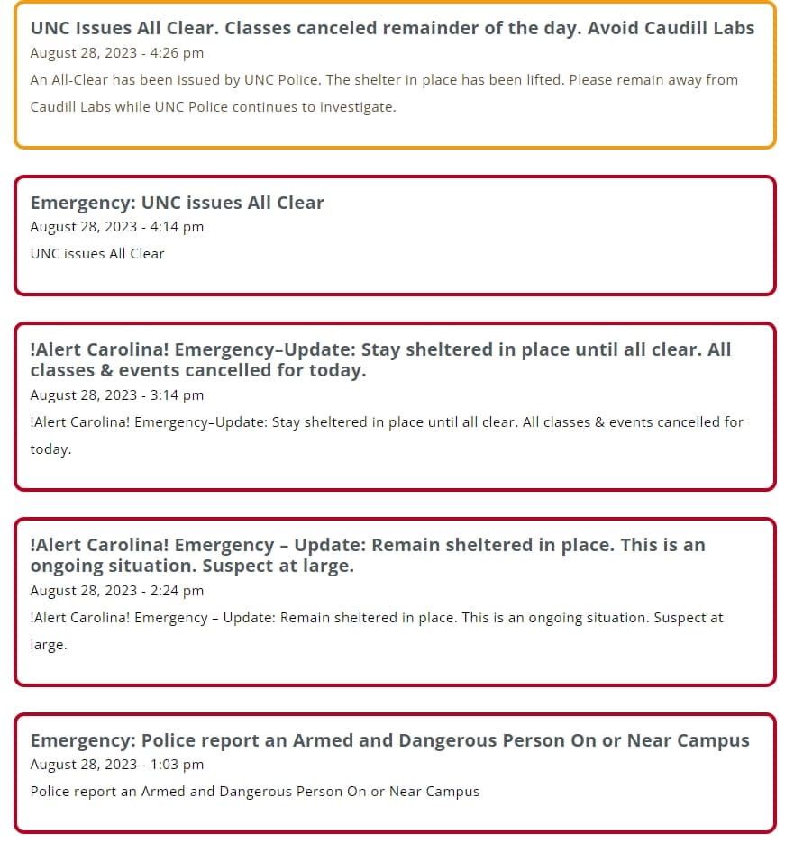 北卡羅來納大學警察一度要求校內人員就地避難,並直指一名嫌疑人在逃。(翻攝自北卡羅來納大學教堂山校區官網)