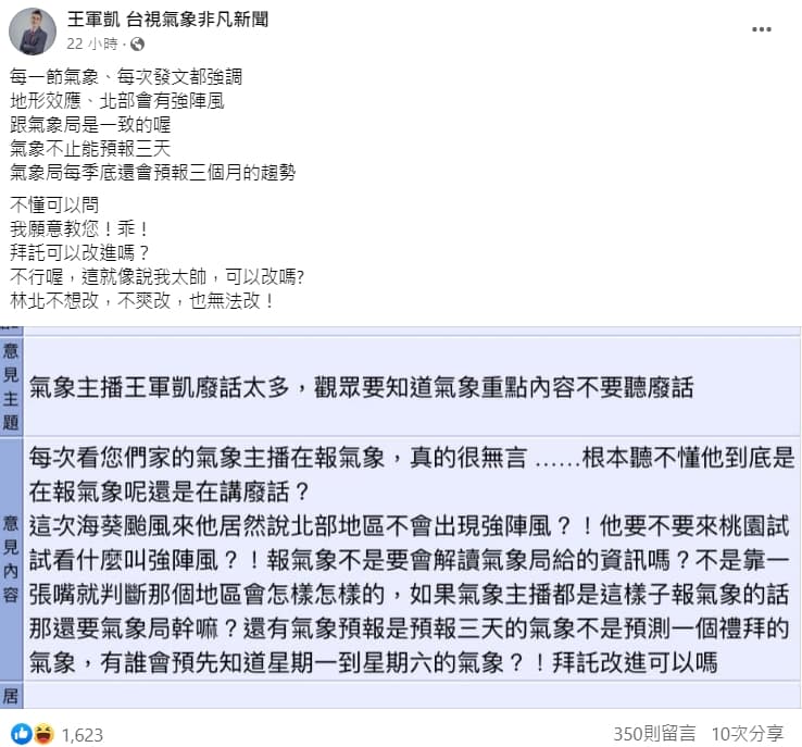王軍凱被觀眾投訴批評他「廢話太多」。(翻攝自王軍凱 台視氣象非凡新聞臉書)