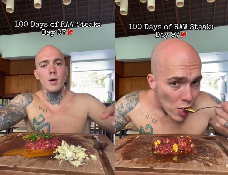 保利在鏡頭前示範吃生牛肉，但相關衛生單位都提醒生食有食物中毒的風險。（翻攝抖音@Paulylong）