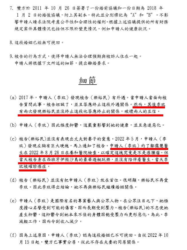 李玟發現Bruce外遇後簽了協議,本刊入手非官方的大致譯版,更多細節曝光。(讀者提供)