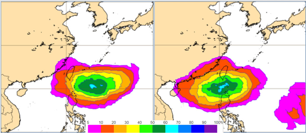 最新(27日20時)歐洲(ECMWF)系集模式模擬顯示,4日20時台灣東南方海面,熱帶擾動發展成颱機率已調高至70%(左圖),6日20時機率最高值已移入巴士海峽(右圖)。(翻攝三立準氣象.老大洩天機網站)