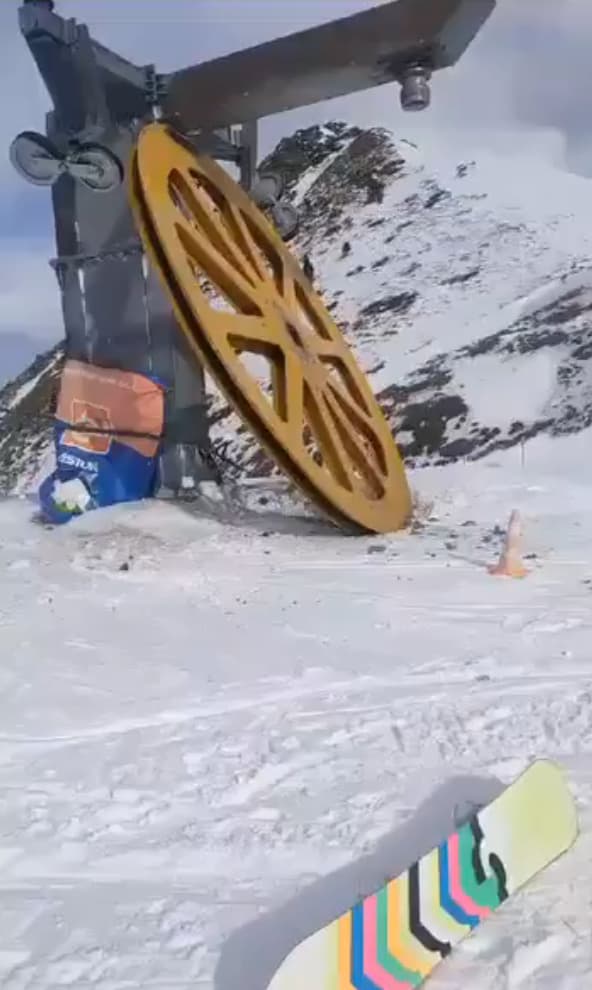 滑雪場吊椅纜車的滑輪故障,導致纜繩鬆脫無法繃緊釀禍。(翻攝X)
