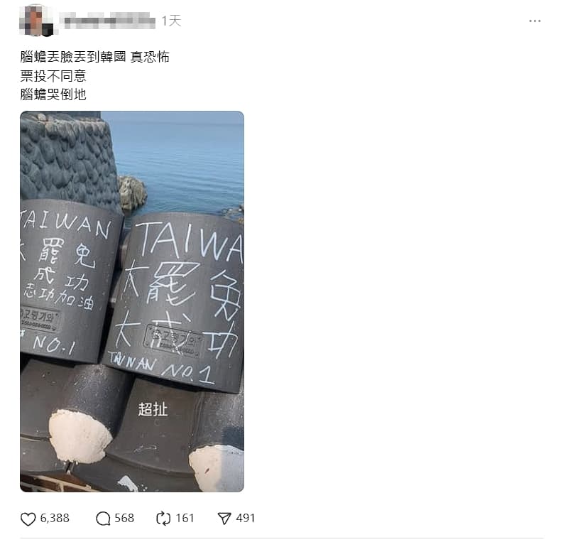 網友在Threads發文指出釜山的一處景點被寫上「大罷免大成功」,批青鳥丟臉丟到韓國。(翻攝自Threads)