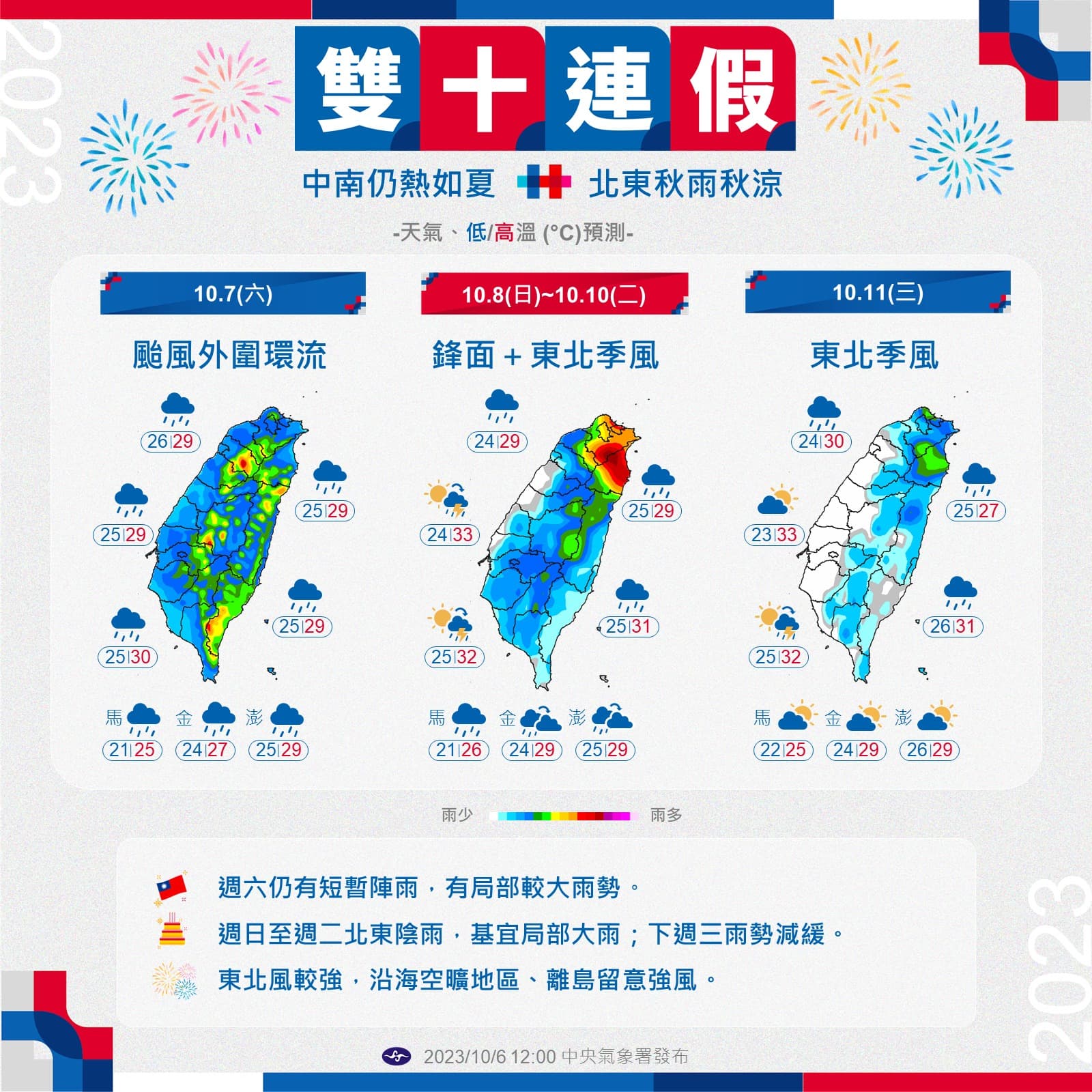 雙十連假天氣概況。(中央氣象署提供)
