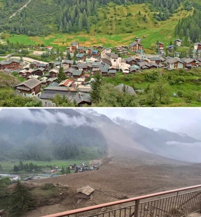 崩塌前的布拉滕村如童話小鎮(上圖),冰河崩塌後,美麗的家園盡毀(下圖)。(翻攝X@Top_Disaster)