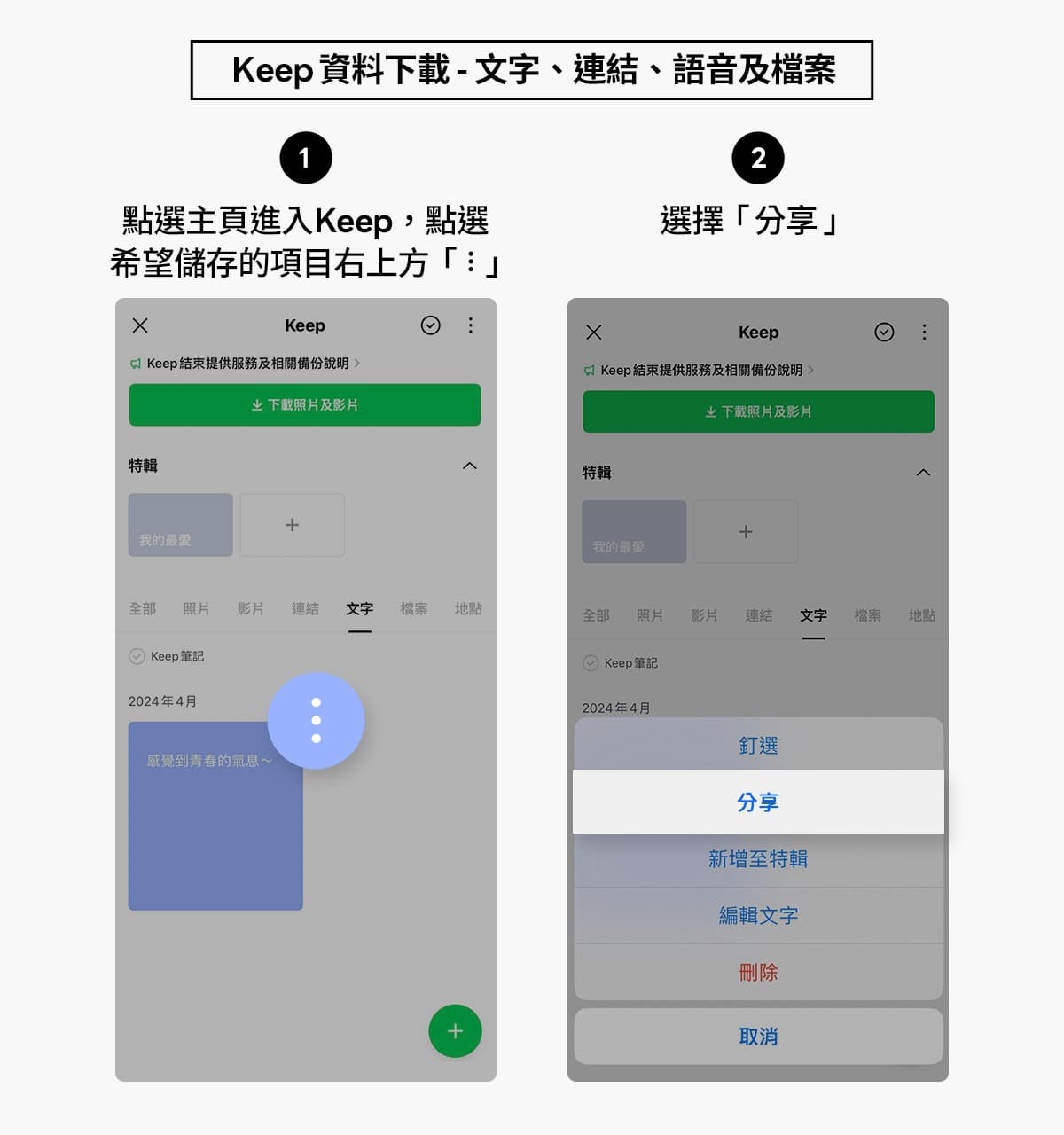 LINE Keep功能8月28日就要終止服務,LINE官方部落格提供簡單的備份教學步驟。(翻攝自LINE官方部落格)