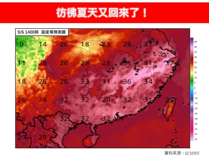 今日,天氣受東南風影響,白天台北市及新北市地區的極端高溫有衝破攝氏38度的機會。(翻攝自臉書@林老師氣象站)