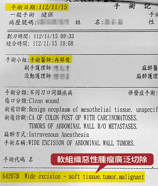 冉祥俊手術後,未將切片送驗,就直接告訴A小姐是惡性腫瘤。圖為耕莘醫院2023年11月15日的紀錄。(讀者提供)
