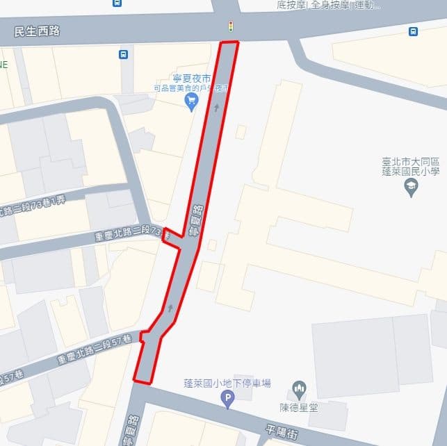 寧夏路(平陽街至民生西路)路面高壓磚更新施工範圍。(北市新工處提供)